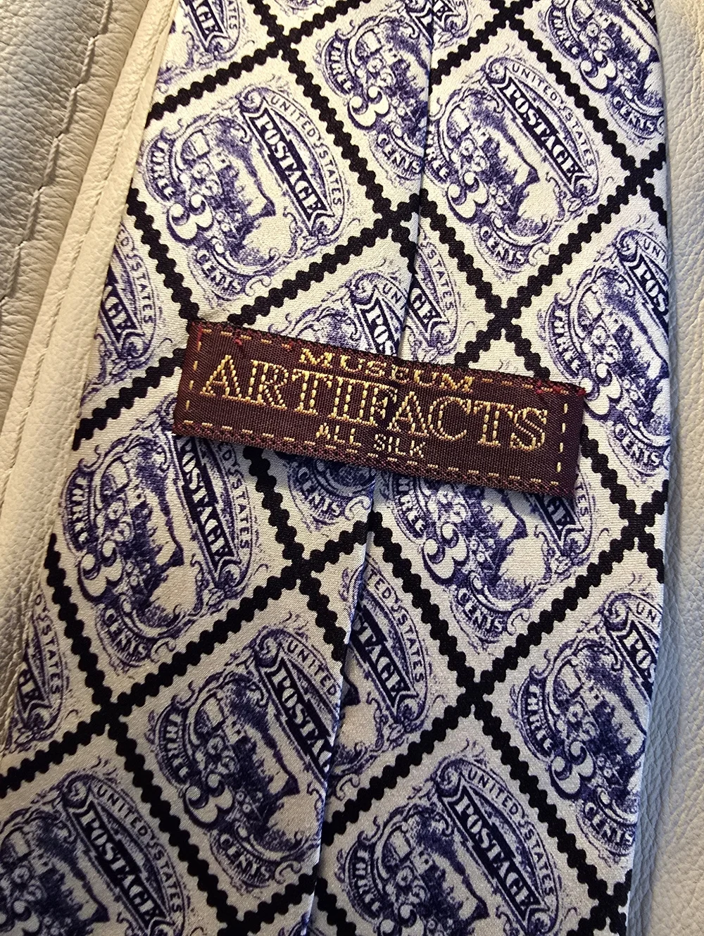 Museum Artifacts Men's 3 Cent US Pictorial Locomotive Stamp Silk Necktie